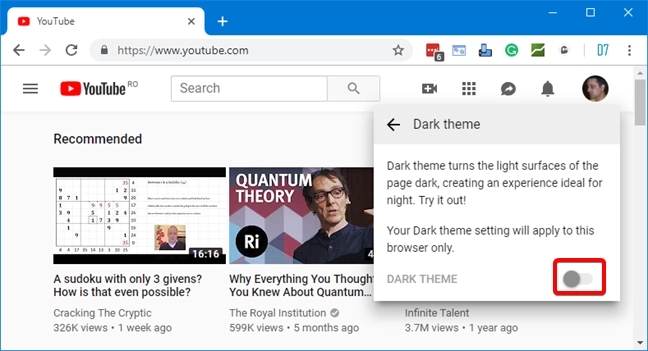 Turn on the Dark Theme in YouTube, in your web browser