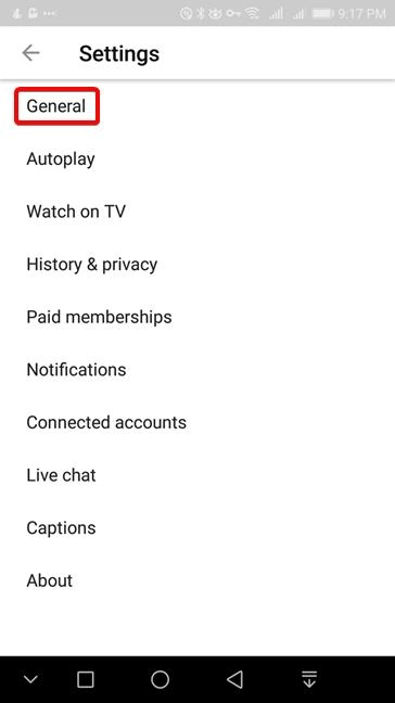 YouTube for Android - Go to General settings