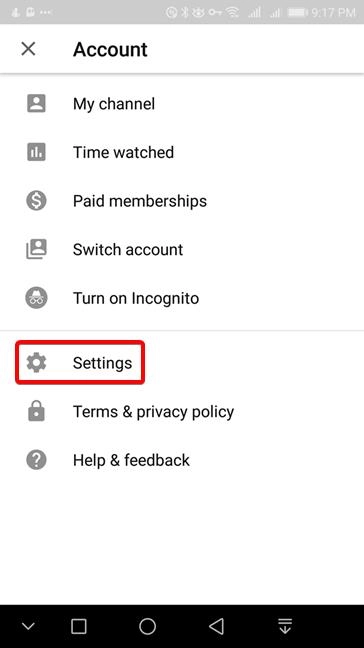 YouTube for Android - Tap Settings in the YouTube Account menu