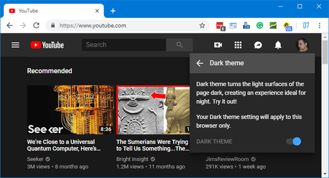 The Dark theme enabled for YouTube in a web browser