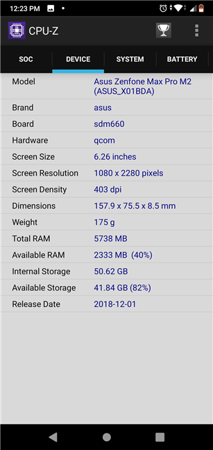 ASUS ZenFone Max Pro (M2): Device specs