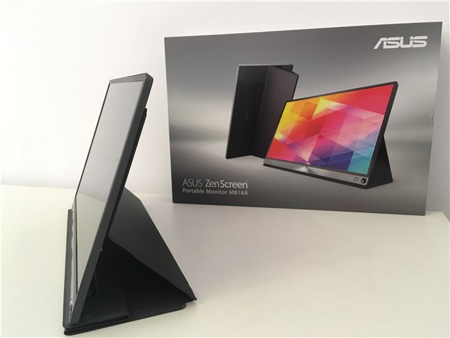 The ASUS ZenScreen MB16AC and its cover folded as a stand