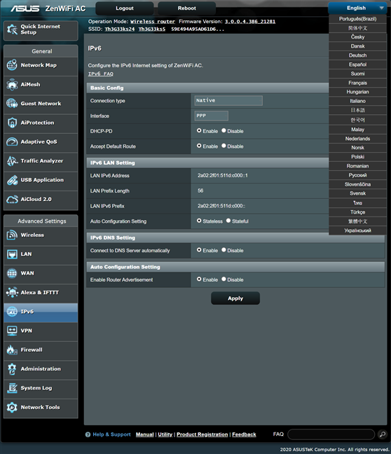 The languages available for ASUS ZenWiFi AC (CT8)