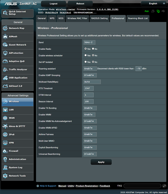 Setting wireless settings on the ASUS ZenWiFi AC (CT8)