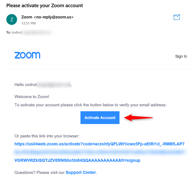 The Zoom Activate Account email