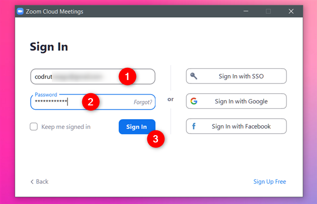 Signing in to the Zoom Cloud Meetings app