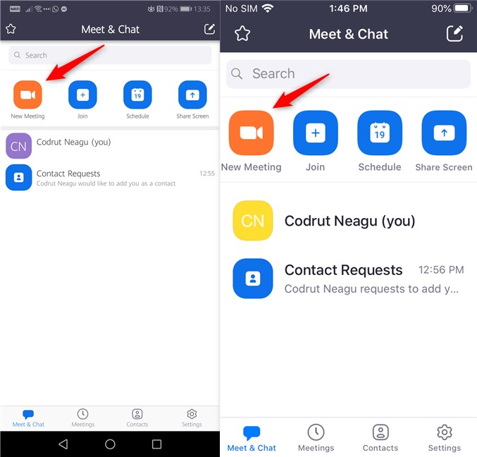 The New Meeting button from the Zoom apps for Android and iOS