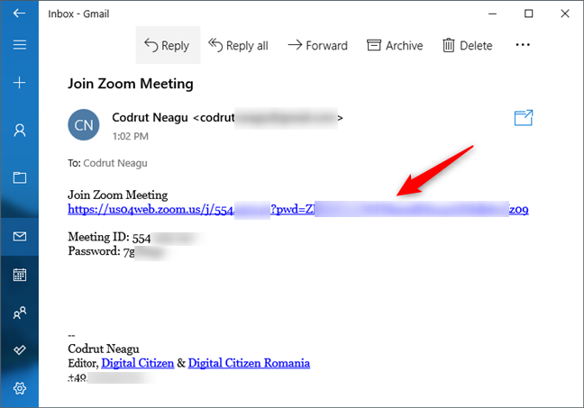 The invitation link to a Zoom meeting