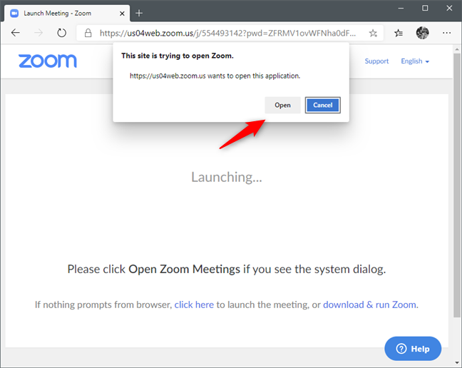 A web browser asking you to open the Zoom meeting link with the Zoom app