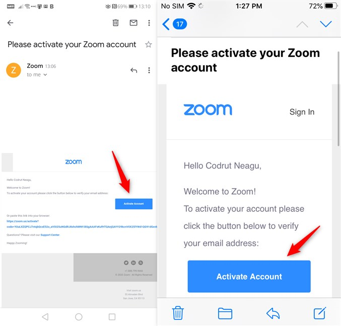 Choosing to Activate Account in the Zoom email message