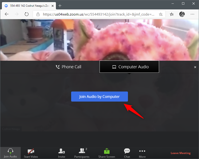 Choosing to Join Audio by Computer in a Zoom meeting, from a browser