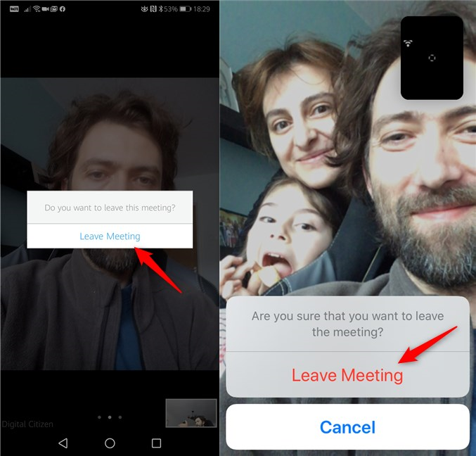 Leaving a Zoom meeting from an Android smartphone and an iPhone