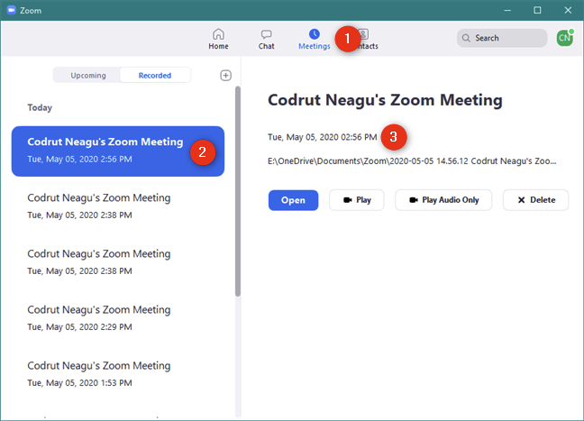 The list of Zoom recorded meetings and their options