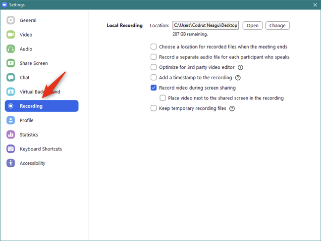 The Recording section of Zoom Settings