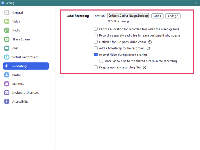 The Recording settings available in Zoom's app