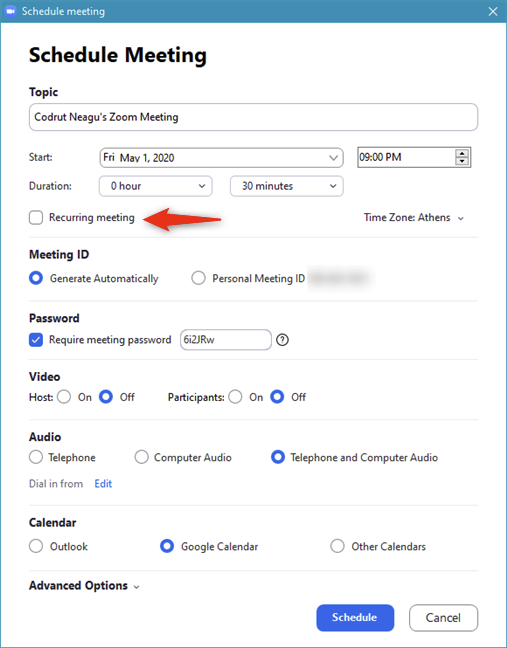 Setting a scheduled Zoom meeting to recur