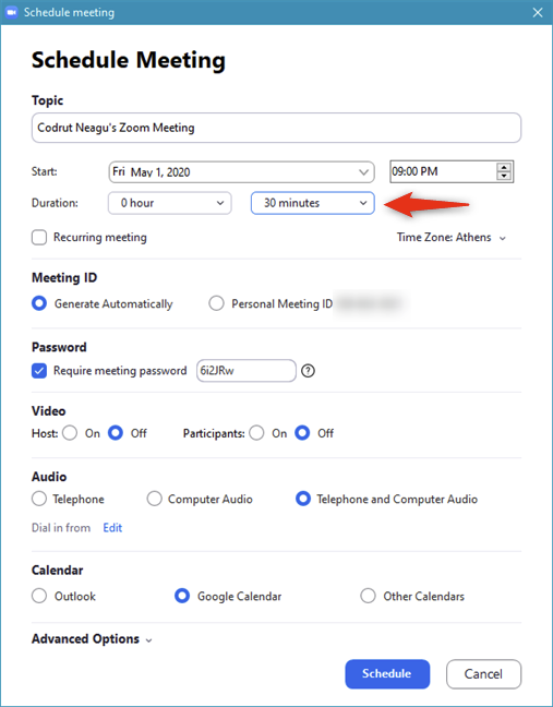 The duration of the scheduled Zoom meeting