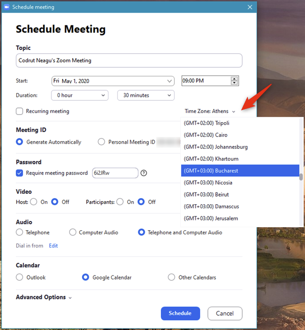 Setting the time zone for a scheduled Zoom meeting