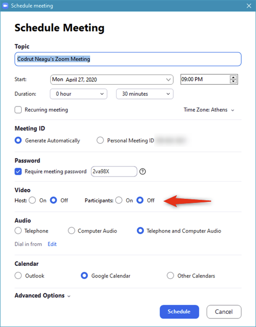 Using video for the scheduled Zoom meeting