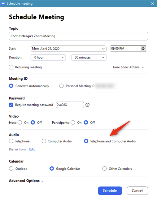 Audio options for the scheduled Zoom meeting