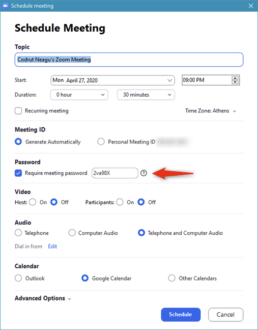 Setting the password for a scheduled Zoom meeting