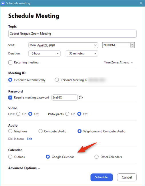 The calendar service used to schedule the Zoom meeting