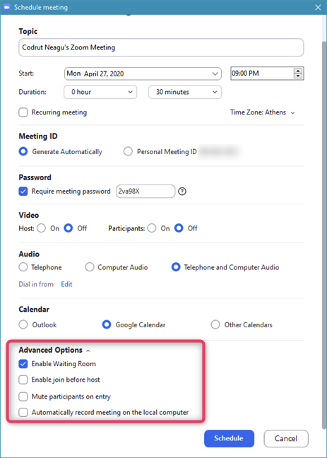 Advanced options for the scheduled Zoom meeting