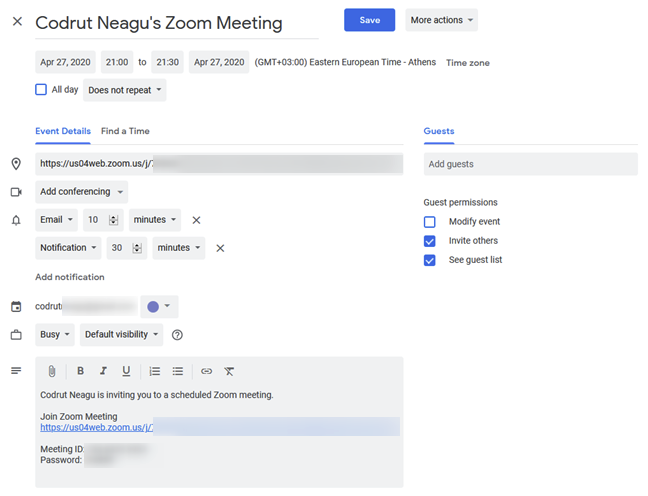 Adding the scheduled Zoom meeting in Google Calendar