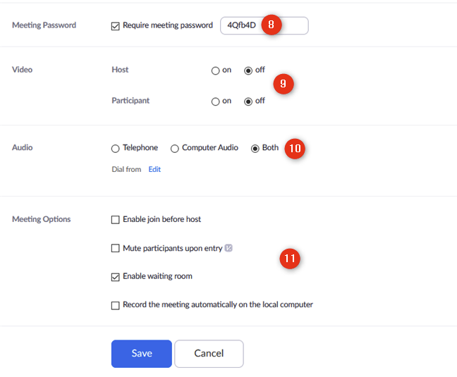 Settings available for the scheduled Zoom meeting