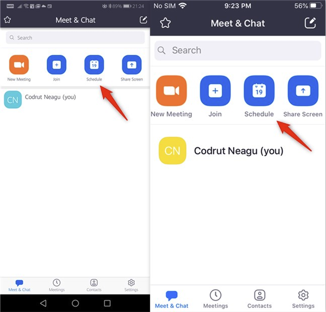 The Schedule button from the Android and iOS Zoom apps