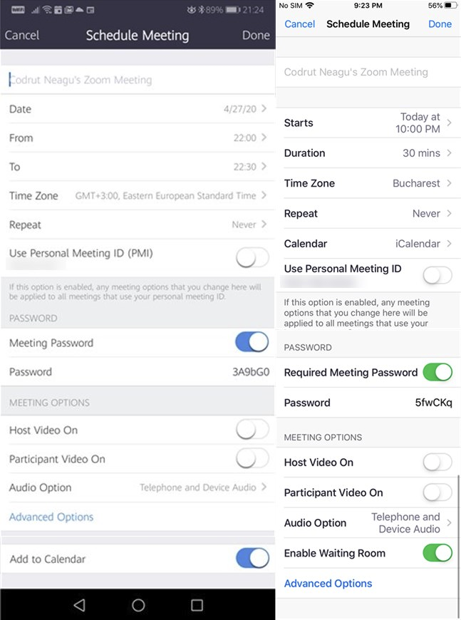 Settings available for the scheduled meeting in the Zoom apps for Android and iOS