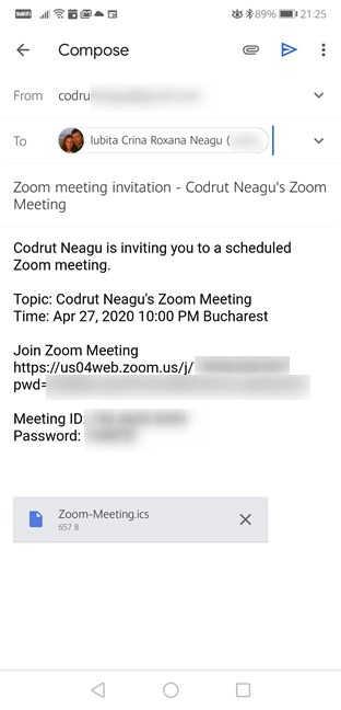 Sending invitations to the scheduled Zoom meeting from Android