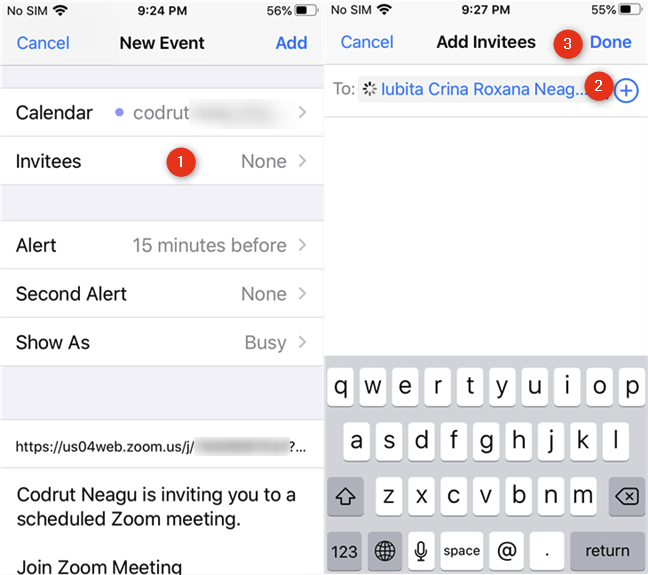 Sending invitations to the scheduled Zoom meeting from an iPhone