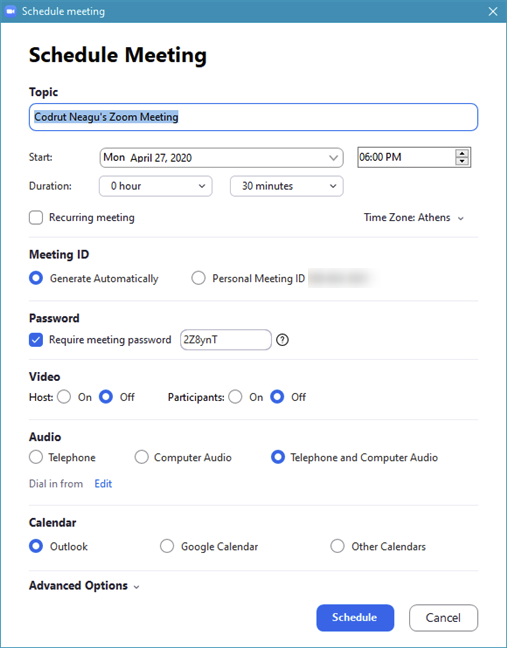 The Schedule Meeting window