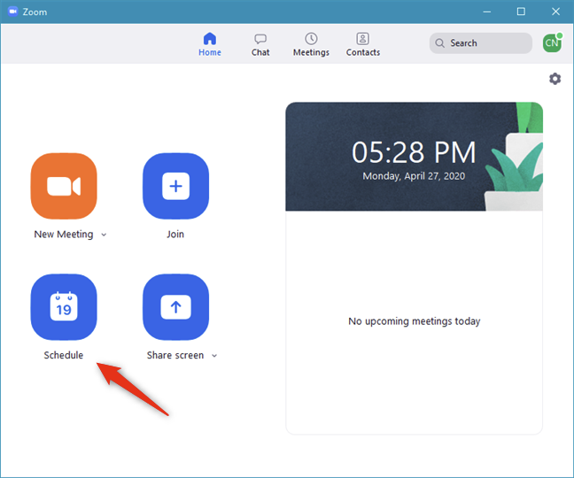 The Schedule button from the Zoom app
