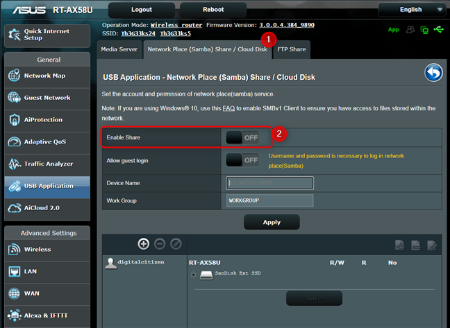 Enable USB network sharing on your ASUS router