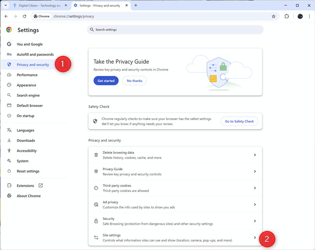 Choose Privacy and security > Site settings
