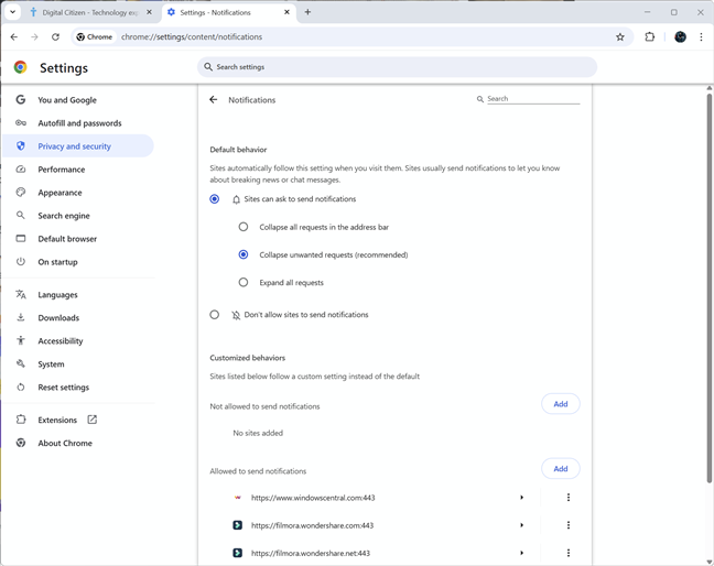 Change Google Chrome's notifications settings