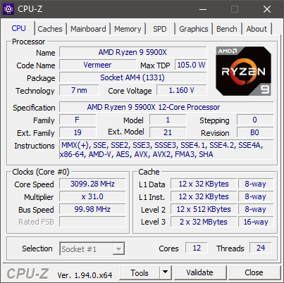 AMD Ryzen 9 5900X: Specifications shown by CPU-Z