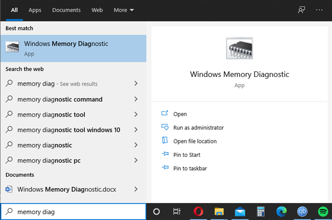 Start Windows Memory Diagnostic using search in Windows 10