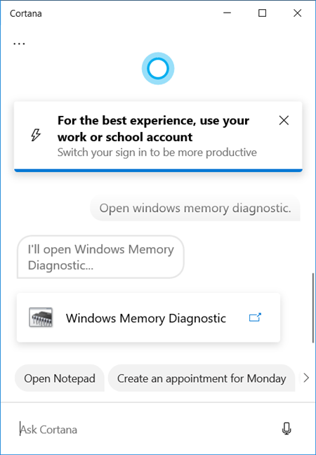 Ask Cortana to start Windows Memory Diagnostic