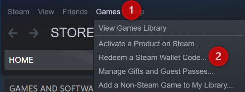 Go to Games > Redeem a Steam wallet code