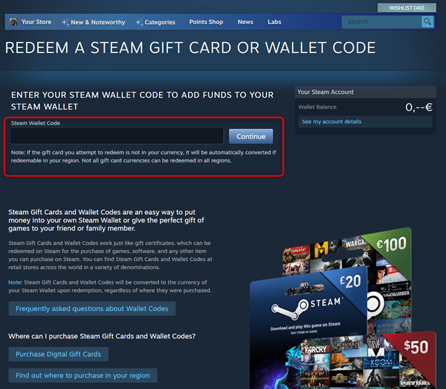 Enter your Steam wallet code