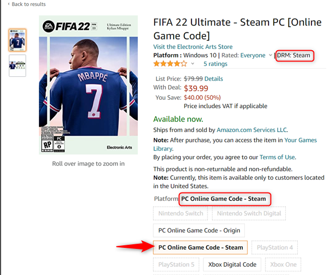 FIFA 22 Ultimate - The Steam version can be bought from Amazon