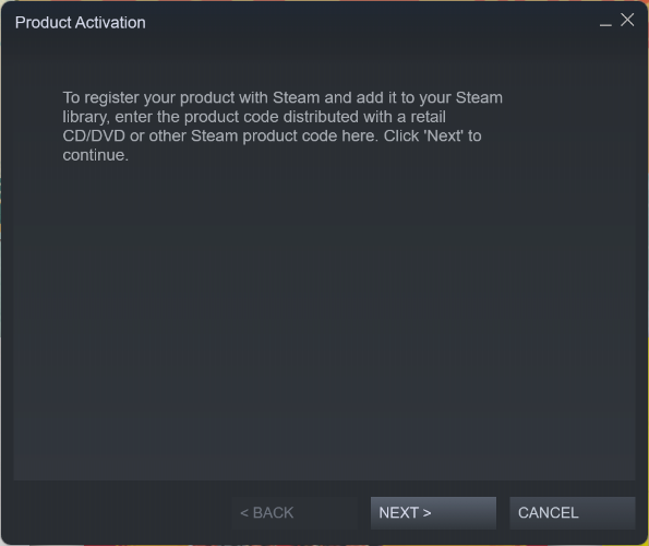 The Steam Product Activation wizard