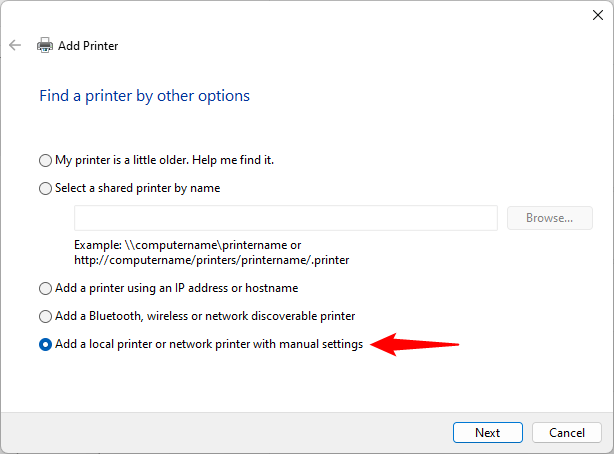 Add a local printer or network printer with manual settings