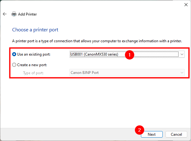 Use an existing port or Create a new port