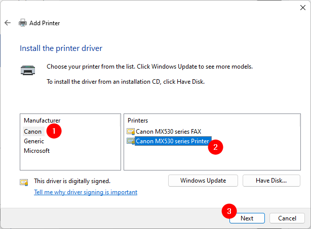 Install the printer driver from a list