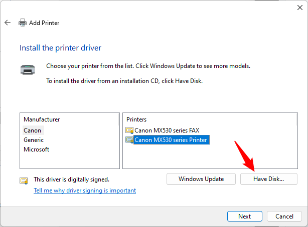 Install the printer driver by manually selecting the driver's location