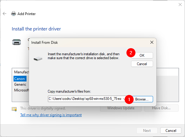 Choosing the location of the printer driver